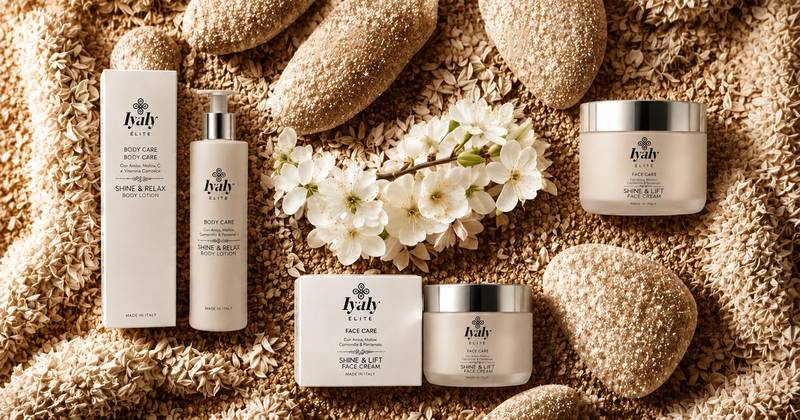 Linea Élite banner: Iyaly Élite Body Care Shine & Relax lotion and Face Care Shine & Lift cream, styled among stones and cherry blossom