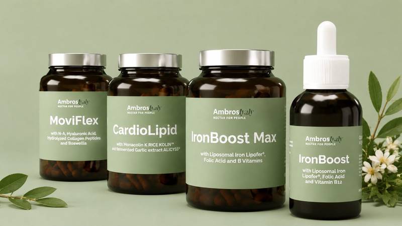 Integratori banner: AmbrosIyaly MoviFlex, CardioLipid, IronBoost Max and IronBoost bottles on sage green background with olive leaves