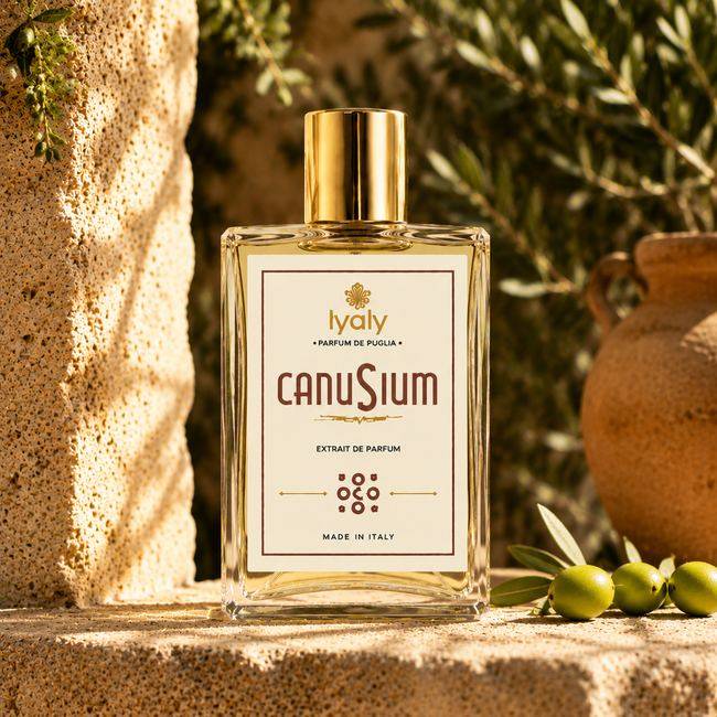 Iyaly Canusium extrait de parfum bottle, Parfum de Puglia line, styled among olives and stone