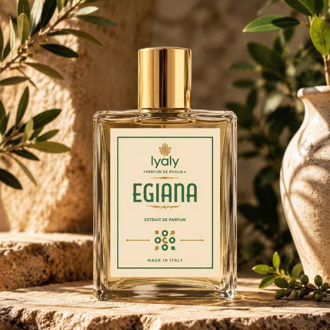 Iyaly Egiana extrait de parfum bottle, Parfum de Puglia line, styled among olive branches and stone
