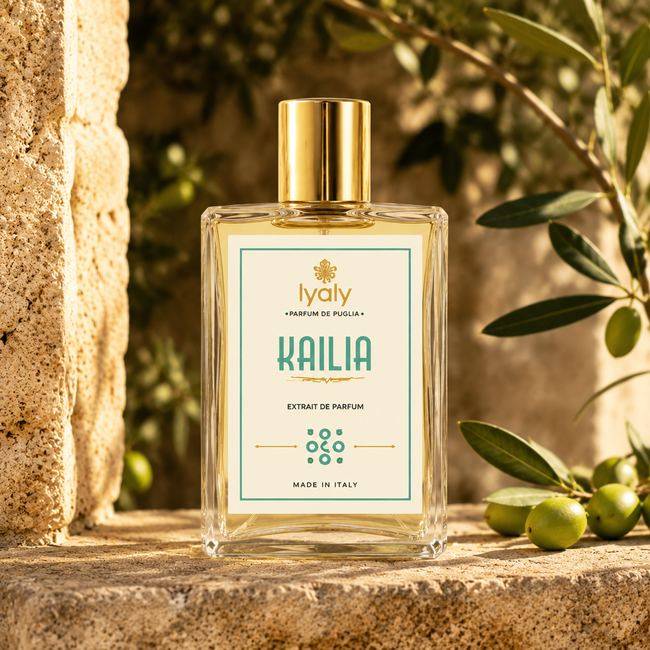 Iyaly Kailia extrait de parfum bottle, Parfum de Puglia line, styled among olives and stone