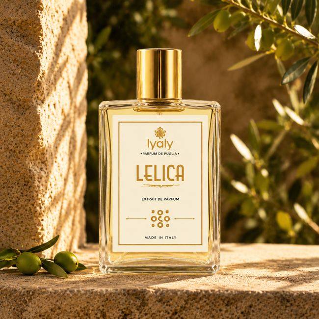 Iyaly Lelica extrait de parfum bottle, Parfum de Puglia line, styled among olives and stone