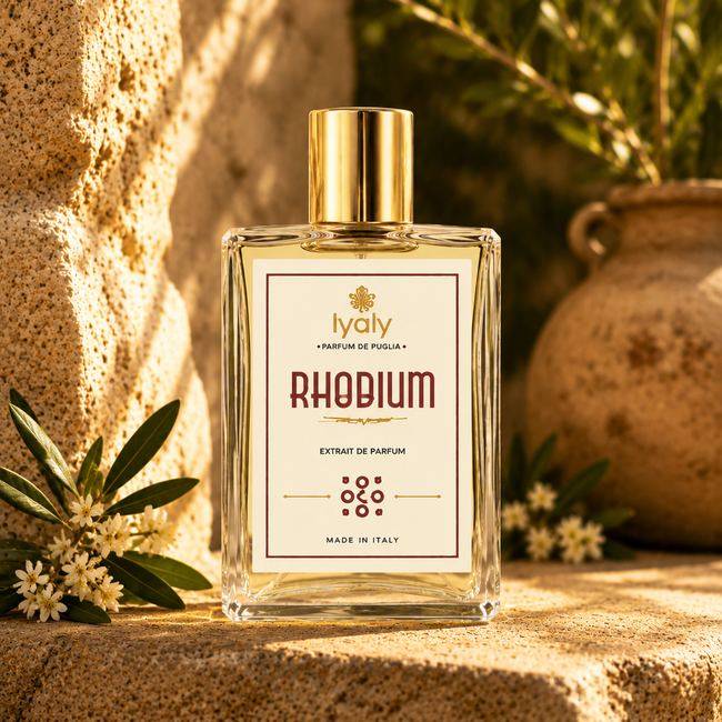 Iyaly Rhodium extrait de parfum bottle, Parfum de Puglia line, styled among olive blossom and stone