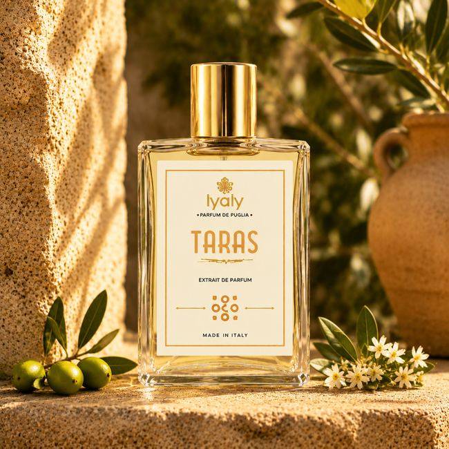 Iyaly Taras extrait de parfum bottle, Parfum de Puglia line, styled among citrus and white flowers
