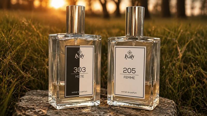 Iyaly numbered collection banner: bottles 303 Mixte and 205 Femme extrait de parfum in a sunset field